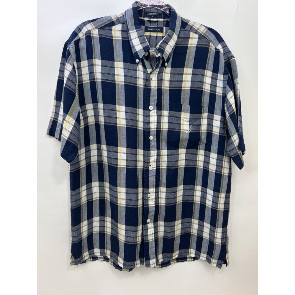 Nautica Jeans Co. Navy Yellow Plaid Short Sleeve Shirt with‎ Pocket Mens Size L